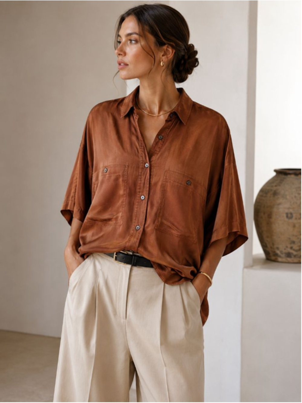 VTG Express 100% Silk Oversized Shirt Brown Cognac Dolman Sleeve Quiet Luxury